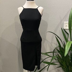 OLIA black stretchy lined backless high front slit dress XS